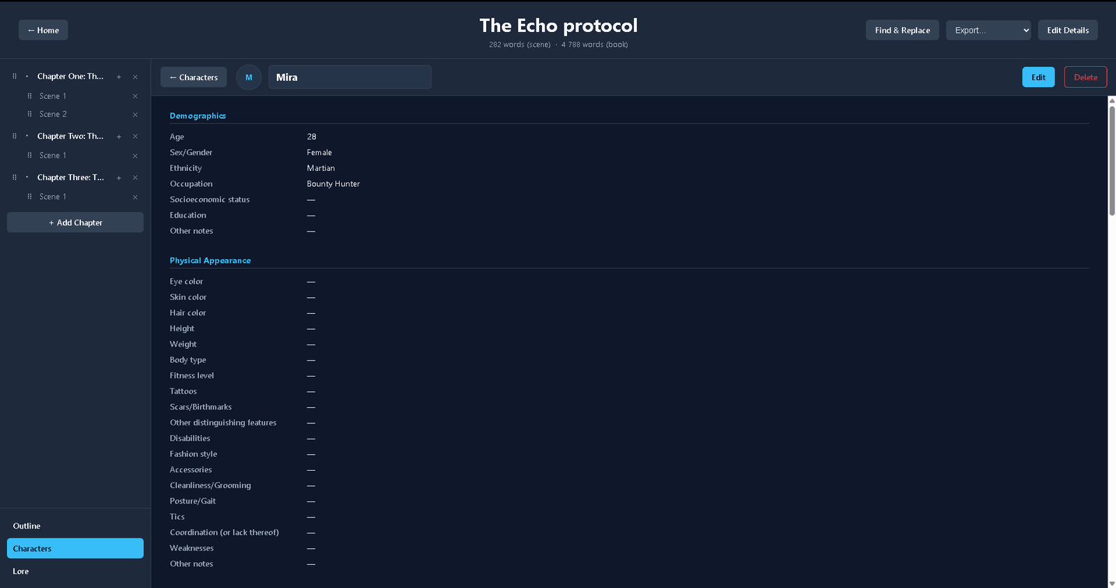 Quillen read-only character profile summary view